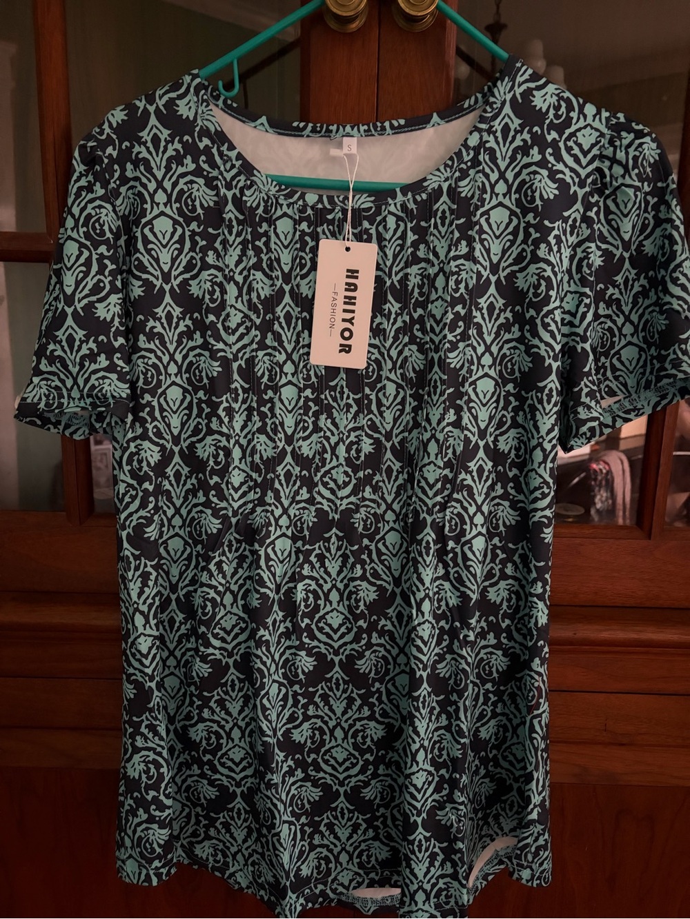 Women's Short-Sleeve Patterned Top in Teal and Black